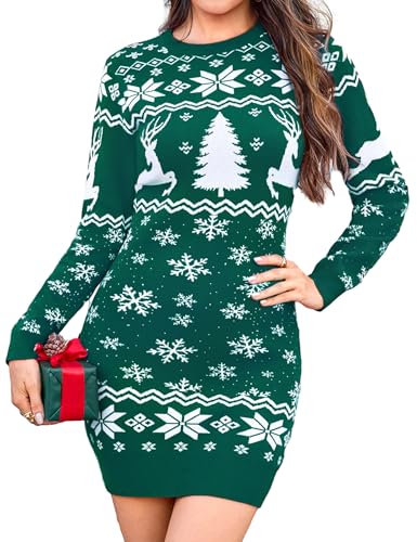 Totatuit Weihnachtskleid Damen Elegantes Strickkleid mit Schneeflocken und Rentier Langarm für Weihnachten und Silvester Party Grüner-Weihnachtsbaum...