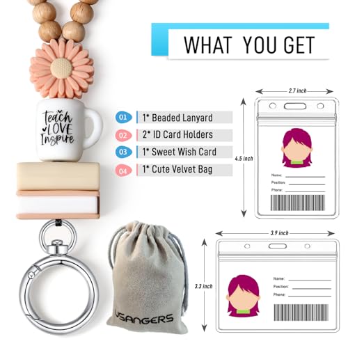 Image of Teacher Lanyard Lanyards for ID Badges Keys Women Wood Silicone Beaded Lanyard with ID Holder Work Jewelry