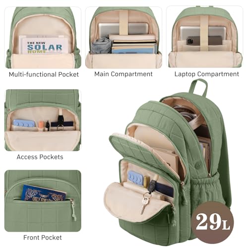 Image of kadilong Quilted Travel College Laptop Backpack for Women,Daypack Bookbag for School Teen Girls Mochilas Mujer,Green