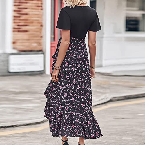 Zzwxwa Women Dress V Neck Boho Floral Printed Dress High Low Ruffled Cocktail Dress Flowy Waist Dresses Short Sleeve Sundress A Purple #TOP3