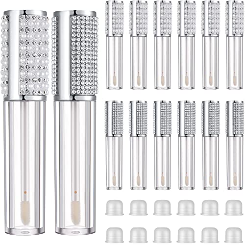 12 Pieces Lip Gloss Tubes Crystal Rhinestone Lip Gloss Wand Tubes Clear Lip Gloss Containers Empty Refillable Lip Balm Bottles Lipstick Tubes with Rubber Insert for Women Girls, 5 ml (Silver)