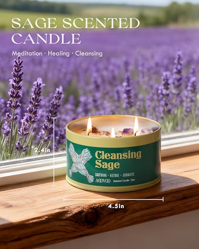 Image of AOOVOO Sage Candle for Cleansing - 3 Wick 12oz Large Scented Candle with Crystals & Sage Leaves Inside, Soy Candles Non Toxic for Meditation Spiritual Gift, Aromatherapy Candle for Women Men