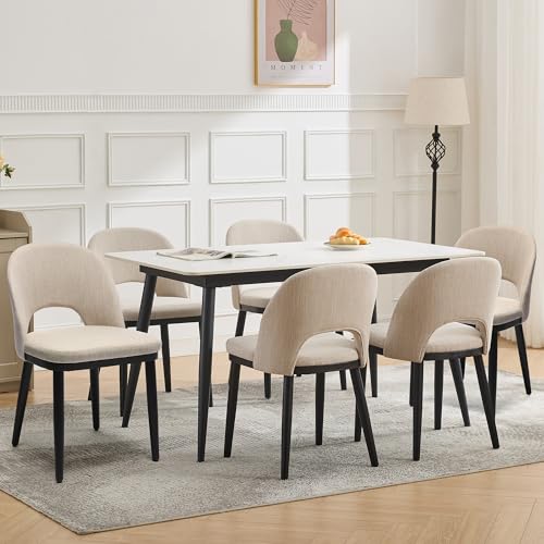 Wooden Dining Chairs Set of 6, Upholstered Kitchen Dining Room Chair, Modern Linen Fabric hollowed out Dinner Chair with Leveling Feet/hollowed out Backrest Support for Dining Room, Living,Beige