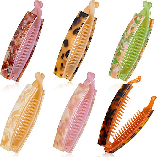 6 Pieces Banana Clips Ponytail Holders for Women Tortoise Shell Hair Claw Clips Non-Slip Ponytail Holder Comb Clamps Hair Accessory for Women and Girls, 6 Colors