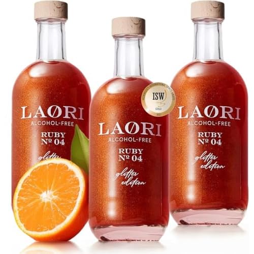 Laori Alkoholfreier Glitzer Spritz 3x500 ml | Alkoholfreier Aperitif mit Glitzer ohne künstliche Aromen | Pflanzliche Farbstoffe | Perfekt für Spritz | Geschmack von Orange+Grapefruit | Nur 65 kcal