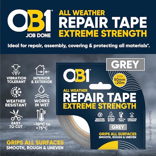 Image of OB1 Grey All Weather Repair Tape Extreme Strength - Ultra Strong Waterproof Duct Tape - Maximum Bond Strength - Heat, Water & UV Resistant - Indoor & Outdoor Use - 50mm x 20m Roll