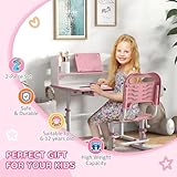 ZONEKIZ Kids Desk and Chair Set, Height Adjustable Children School Study Table with Drawer, Bookshelf, Adjustable Angle Tabletop, Non-slip Mat, for Ages 6-12 Years - Pink - Image 3