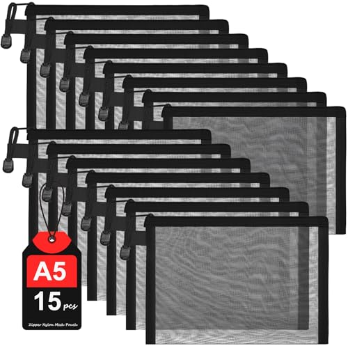 Cptoion 15 Piece Mesh Zipper Pouch Set, Black, 8.8 X 7 Inch