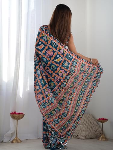 Image of Panzora Women's Chinon Printed Saree With Unstitched Blouse Piece