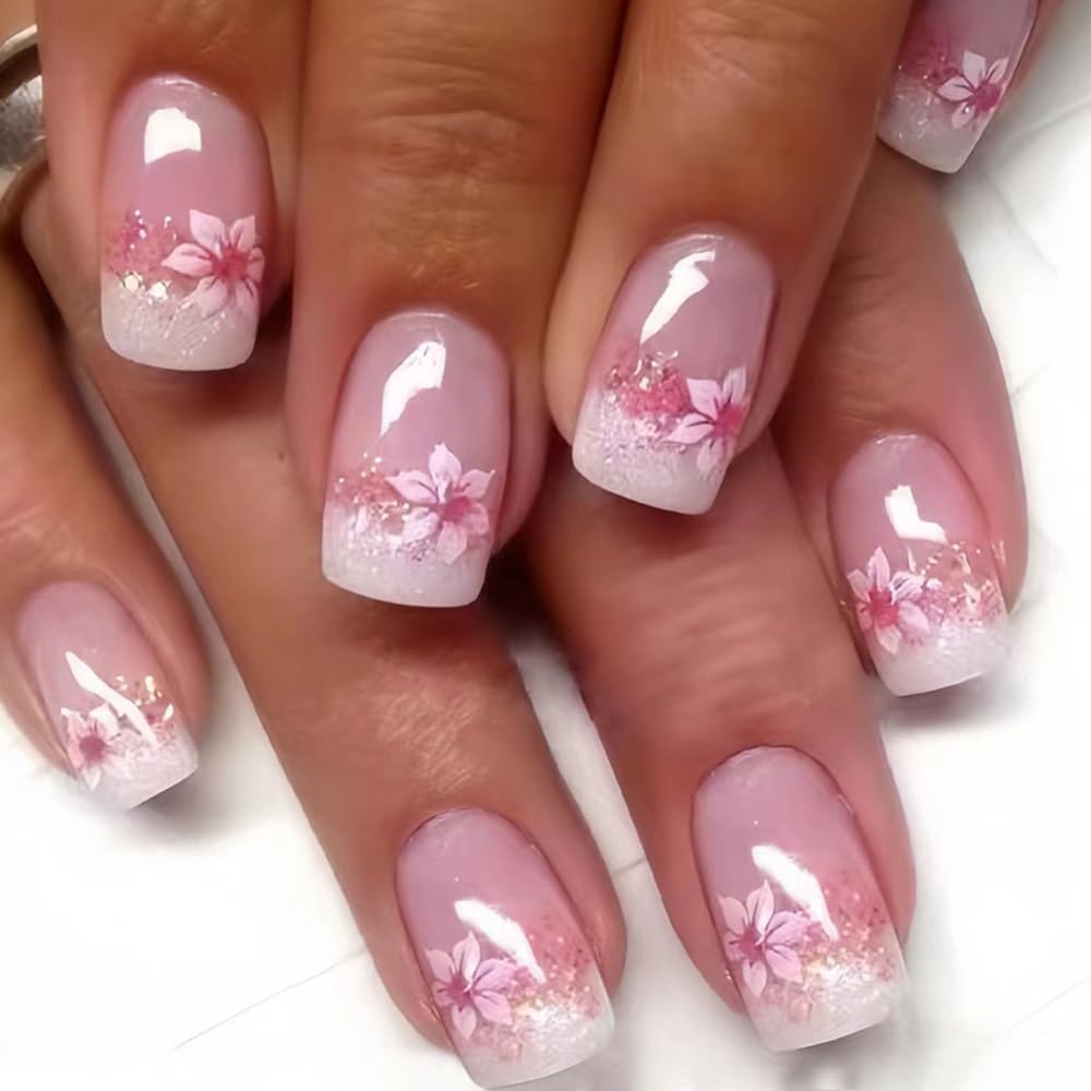 24Pcs White French Tip Press on Nails Short Square Fake Nails Pink Flower Full Cover Tip Glue on Nails Design Artificial Nude Pink False Nails