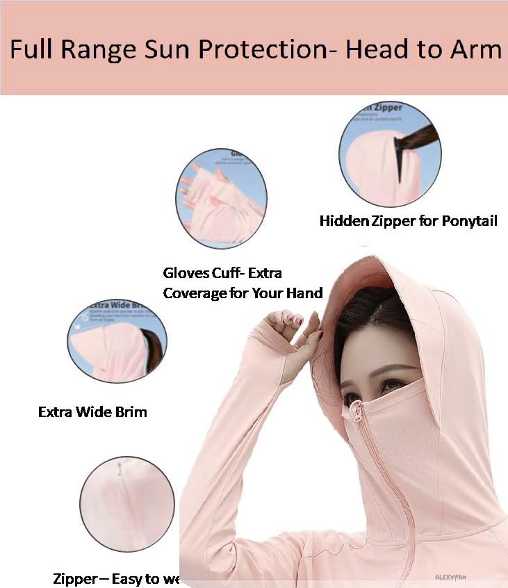 Image of Alexvyan Size-L Pink Women's UV Protection Jacket, Light weight Summer Sun Screen Hoodie with Visor, UPF 50+ Protection for Outdoors, Short Full Zipper Sun Protection Jacket- FIT 50-65 KG