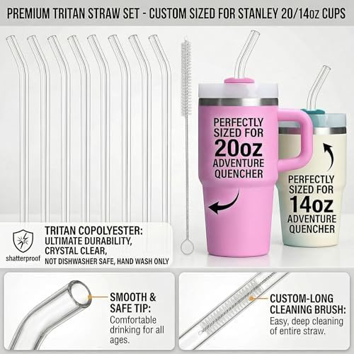 8 Pack Replacement Clear Straws for Stanley 20 oz 14oz Tumbler, 8.85 inch Reusable Plastic Straws for Yeti 30oz 25 oz 26 oz 20 oz Tumbler, Mason Jar 16oz Venti Cup with Brush