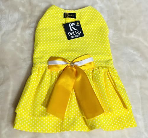 Vestido Pet de Tricoline com Guia (Pequeno, Vestido Com Fundo Amarelo e Detalhes em Poá Branco, Laço