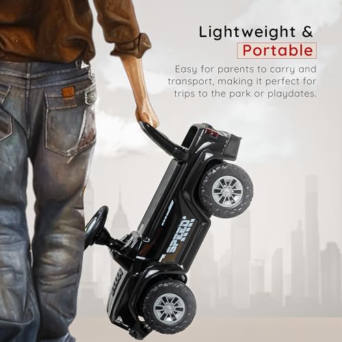 Image of Baybee Roady Ride on Car for Kids | Portable RideOn Toy Cars with Backrest & Basket | Baby Push Rideon Jeep with LED Light & Music & Storage Basket | Baby RideOn Car for Kids 1-3 Years (Black)