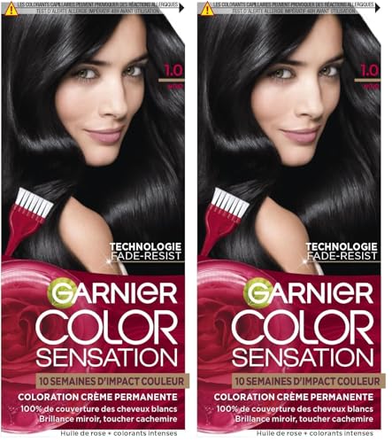 Garnier Color Sensation Coloration - Noir 1.0 - Coloration Crème Permanente - Tous Types de Cheveux - Couleur jusqu'à 10 Semaines & Couvre les Cheveux Blancs 100%