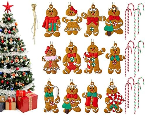 24 PCS Christmas Tree Ornaments Candy Canes and Gingerbread Man, Hanging Ornament Christmas Tree Hanging Decorations for Christmas Holiday New Years Home Decor Party Gift (Multi)