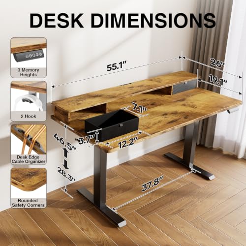 Image of Veken 55x26 in Electric Standing Desk with Drawers, Adjustable Table, Brown | Stand up Computer Desk for Home Office, Work & Study, with Storage, 3 Memory Presets, Cable Organizer, Hook, and Quiet Lift.