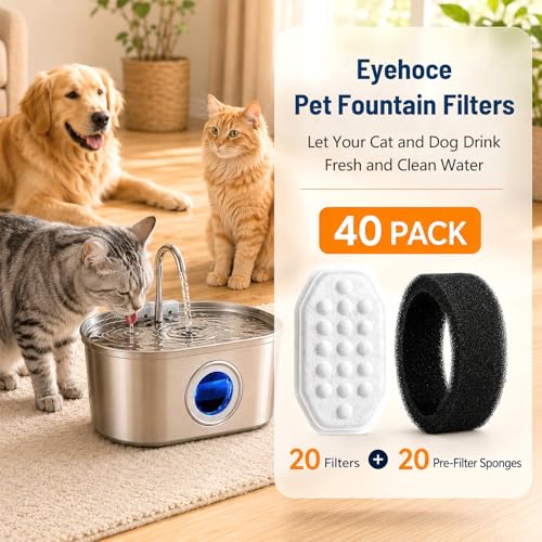Image of Cat Water Fountain Filters 40 Pack Fits Rellaty & Neareal Pet Fountains | Replacement 20 Carbon Filters & 20 Pre-Filter Sponges for 3.2L /108oz Automatic Stainless Steel Pet Water Fountains
