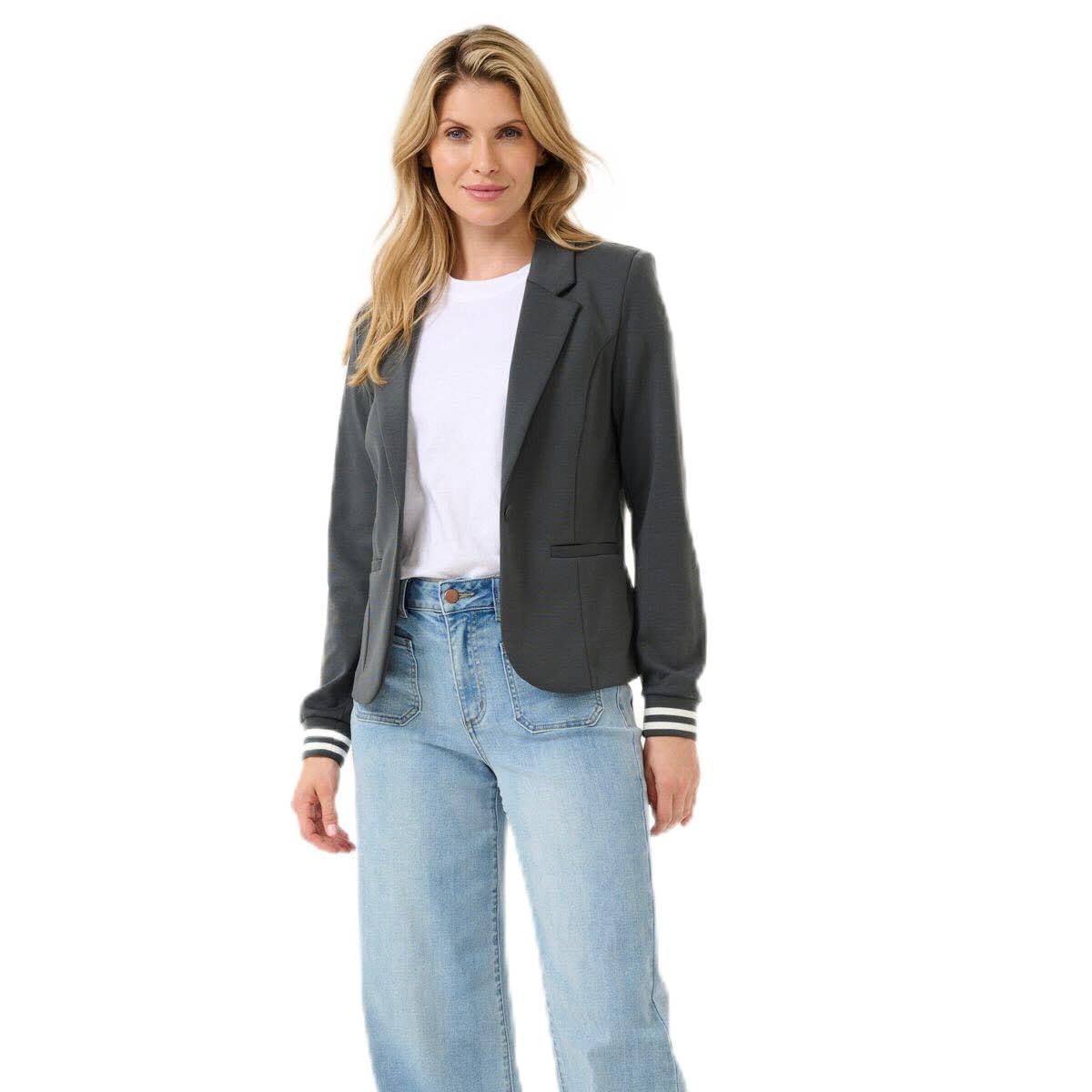 Kaffe Women's Black Oyster Single Breasted Notch Lapel Slim Fit Rib Knit Cuffs Blazer, M