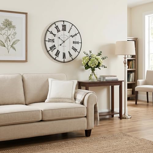 Image of EMAX HOMELarge 24 Inch Farmhouse Style Wall Clock, Distressed Wood Look, Non-Ticking Quartz Movement, Classic Black Roman Numerals and Metal Frame, for Living Room Wall, Bedroom