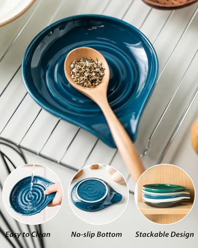 Image of LAUCHUH Spoon Rest for Stove Top, Ceramic Spoon Holder for Kitchen Counter Large Spatula Holder for Ladles, Tongs, Farmhouse Kitchen Decor, Heat-Resistant, Set of 2, 5 inch, Blue