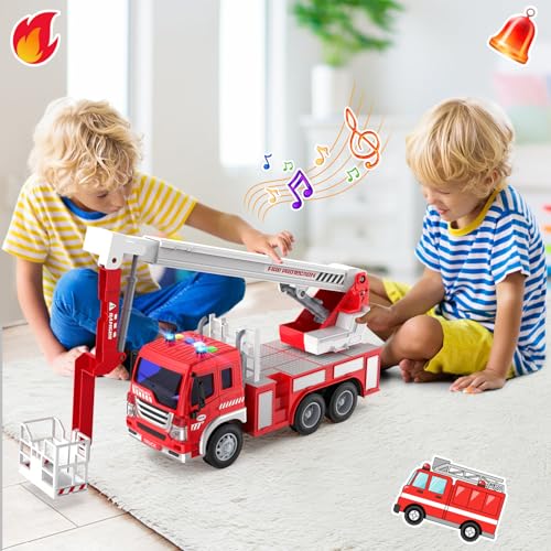 GizmoVine Feuerwehrauto Groß, Feuerwehr Spielzeugauto mit Drehleiter, Sound und Licht, Große Auto Spielzeug Modell, Geschenke für Jungen Mädchen, Kinder Fire Truck Fahrzeuge ab 3 4 5 6 7 8 Jahre