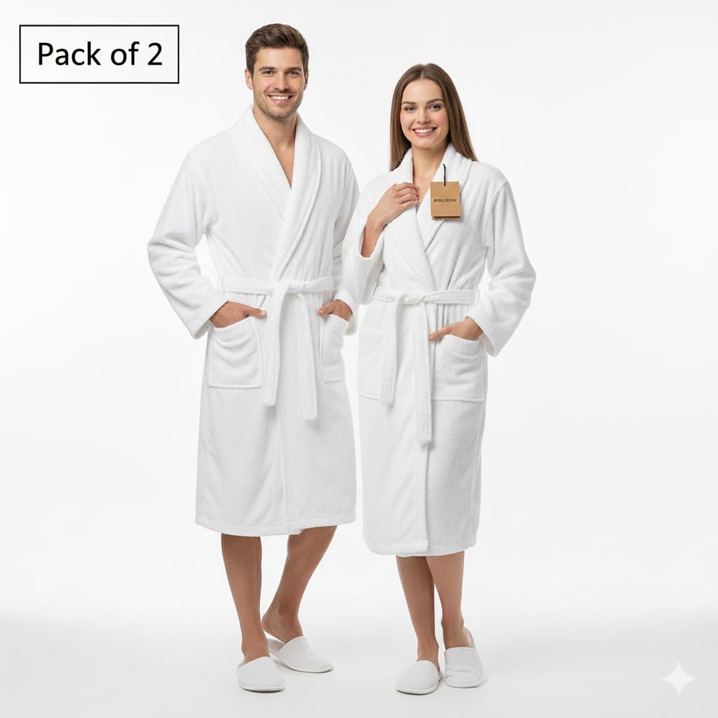 BIOLINEN Unisex 100% Cotton Terry Shawl Collar Bathrobe with Matching Slippers - Plush Absorbent Spa Comfort
