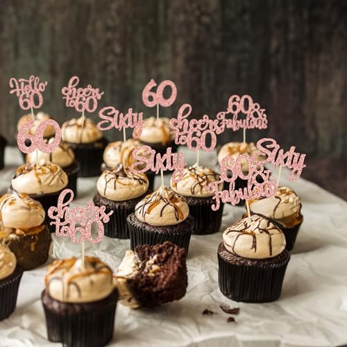 30Pcs Happy 60th Birthday Cupcake Toppers Rose Gold Glitter Sixty Cake Toppers Cheers to 60 Years Old Birthday Cupcake Picks for 60th Birthday Anniversary Party Cake Decorations Supplies - Image 3