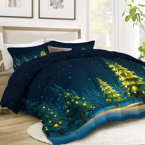 Edredón de 140x200 cm bosque nevado verde reversible 4 estaciones con funda de almohada 3