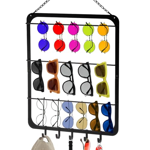 Lawei 3 Tier Hanging Sunglasses Organizer Storage, Wall Mounted Glasses Holder for Wall and Door with 5 Hooks, Metal Eyeglasses Rack, Multiple Eyewear Display Hanger, Holds Up to 29 Glasses