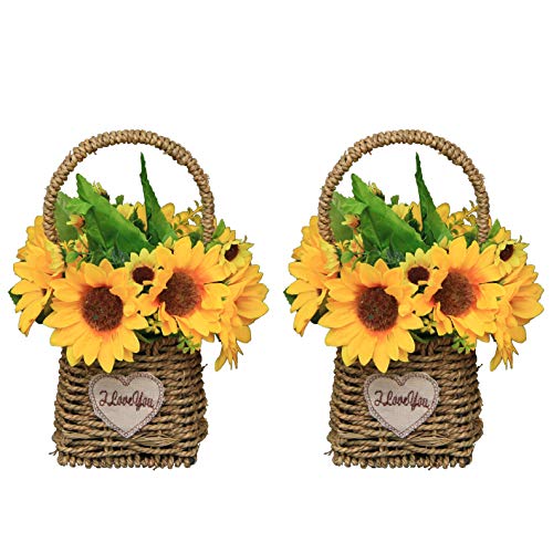 2pcs Artificial Sunflowers in Woven Flowers Basket 8 Heads Faux Silk Decorative Flowers Artificial Plants in Pots Floral