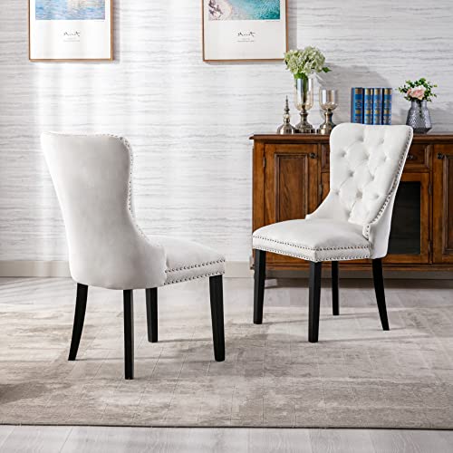 Velvet Button Tufted Wingback Dining Chairs, Mid Century Fabric Upholstered Solid Wood Hostess Parsons Dining Chairs With Nail Heads, Set Of 2, Ivory #TOP1