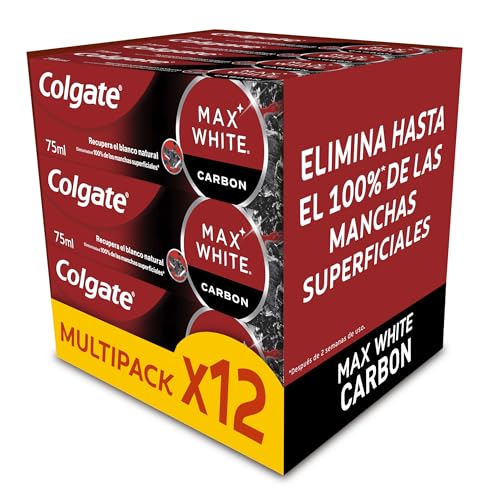 Pasta de dientes Colgate Max White Carbón Activo Pack 12 x 75ml | Pasta de dientes blanqueadora | Elimina hasta 100% de las manchas superficiales | Carbón activado y micro partículas minerales