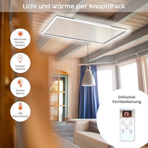 Könighaus LED Infrarotheizung 600W ✓ Deckenheizung mit LED-Beleuchtung ✓ 5 Jahre Garantie ✓ Doppelter Überhitzungsschutz ✓ Fernbedienung ✓ Helligkeit einstellbar: Kalt-, Neutral-, Warmweiß