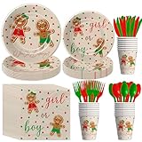 Aribra Christmas Gingerbread Gender Reveal Decorations, Cookie What's Baking Gender Reveal Supplies, Plate, Cup, Napkin, Cutlery, Xmas Gingerbread Boy Or Girl Gender Reveal Party Tableware, Serve 24