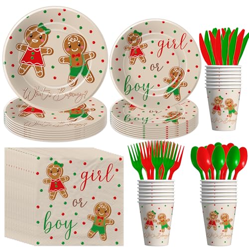 Aribra Christmas Gingerbread Gender Reveal Decorations, Cookie What's Baking Gender Reveal Supplies, Plate, Cup, Napkin, Cutlery, Xmas Gingerbread Boy Or Girl Gender Reveal Party Tableware, Serve 24