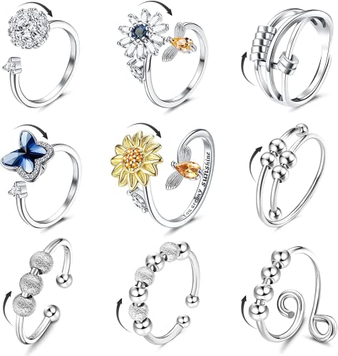 JeweBella 9PCS Spinner Bague pour Femmes Réglable Ouvert Anneaux Ensemble Cubique Zircone Tournesol Abeille Papillon Perle Bague Méditation Empilable Bijoux Cadeau