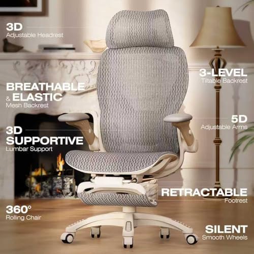 ELABEST X100 Ergonomic Office Chair with Footrest, Big and Tall Home Desk Chair with 5D Flip-Up Arms, Adjustable 3D Lumbar Support,High Back Rolling Computer Chair, Swivel Mesh Chairs (Foggy Morning) - Thumbnail 4