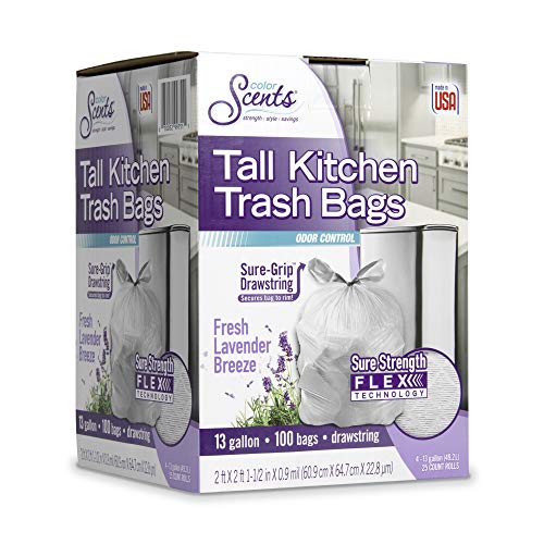 Color Scents - 1784035 Tall Kitchen Trash Bags - 13 Gallon, 100 Total Bags (1 Pack of 100 Count), Drawstring - White Bag in Fresh Lavender Breeze Scent