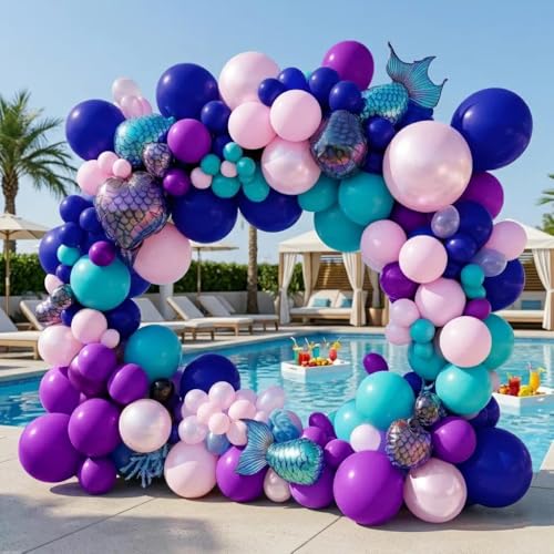 Image of Purple and Blue Balloons Teal Pink Balloon Garland Arch Kit for Birthday Baby Shower Mermaid Stitches Under The Sea Encanto Villain Ocean Luau Birthday Baby Shower Party Decorations