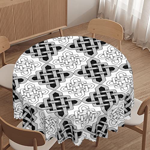 Celtic Pattern Round Table Cover, 60 Inch, Waterproof Fabric Decorative, Durable Reusable Table Clothes, Wipeable Spill Proof Wrinkle Resistant For Kitchen Dining Dinner Shower Parties, White Grey #TOP19