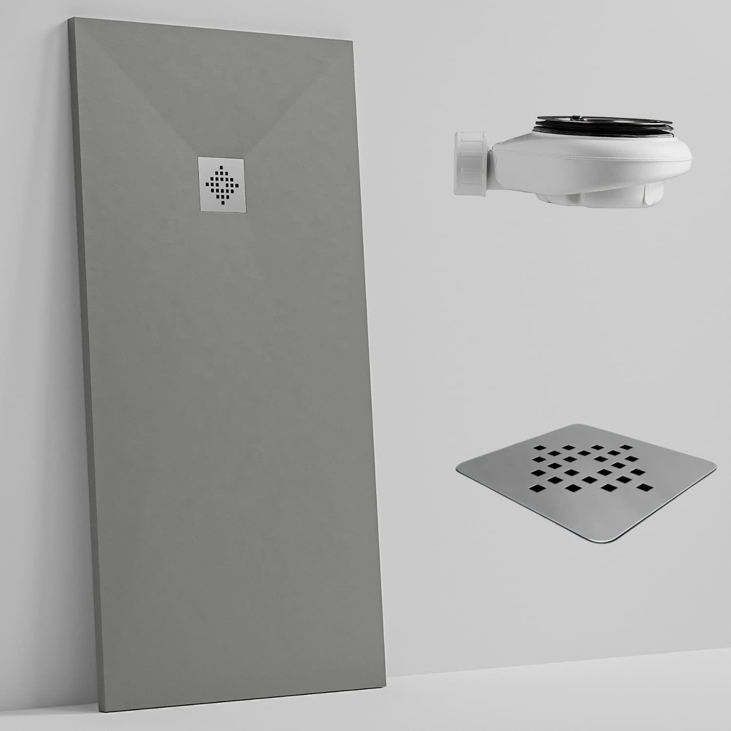SOULHOME Brodzik prysznicowy– Żywica– Gel Coat– Gładki Jedwab tekstura – Antypoślizgowy – Kolor cementowoszary – 110x90- Niski 3 cm– Z dodatkowym syfonem – Standard
