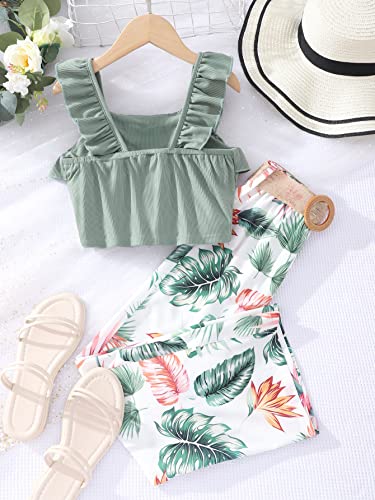 Image of WDIRARA Girls 2 Piece Summer Outfits Ruffle Trim Sleeveless Top & Tropical Print Pants with Belt Beach Hawaiian Set