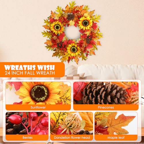 Wreaths Wish Fall Wreaths For Front Door 26’’ Artificial Autumn Wreath With Maple Leaves,Pine Cones,And Berries For Outside Indoor Wall Window Festival Thanksgiving Autumn Wreaths Decor thumb #1