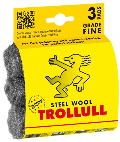 TROLLULL Lana de acero | Almohadillas de lana de alambre, 3 almohadillas de bricolaje finas 00, limpieza suave, pulido estándar y fino de cera y madera, brillo de cobre, latón y acero inoxidable