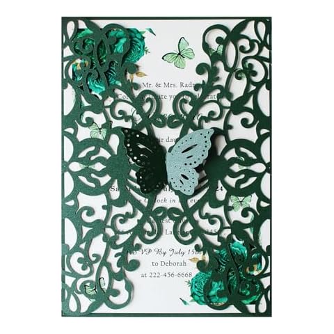 KUCHYNEE 50PCS Emerald Green Laser Cut Quinceanera Invitations kit, 5.1 x7.3 Inch Hollow Floral Butterfly Pocket Invitation for Quincenera Wedding Invite (Customized) Cover