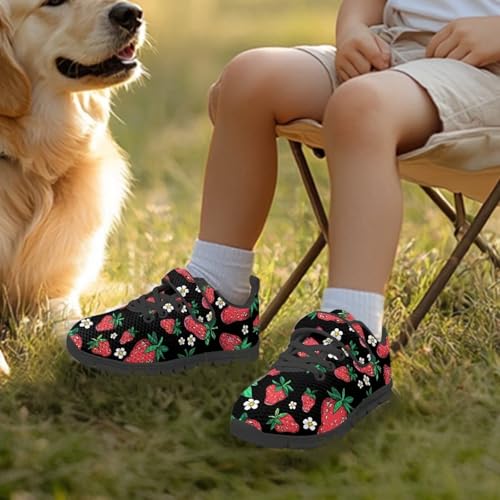 Kids Sneakers for Boys Girls Running Tennis Shoes Lightweight Breathable Sport Athletic Red Strawberry Floral Pattern（Black Sole）3
