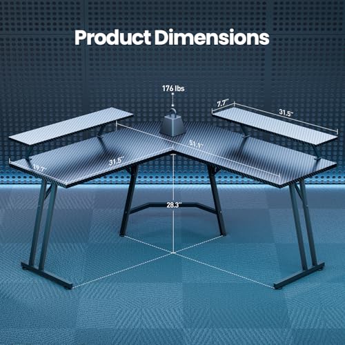 Image of HLDIRECT 51 Inch L Shaped Gaming Desk with Monitor Stand and LED Lights, Corner Computer Desk with Carbon Fiber Surface, PC Gaming Table for Home Office Writing Workstation, Easy to Install, Black