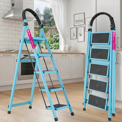 Image of Casa Copenhagen Teal Blue 5 Step Ladder for Home Use with Built-in Tool Tray | Heavy Duty D Shape Rods | Ultra Large Platform | Wide Rubber Feet| 150Kg Capacity Foldable Ladder - 7 Years Warranty