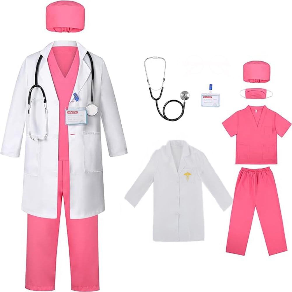 IDOTTA Doctor Costume Kit Pretend Play Dress-Up Set including Scrubs Pants Lab Coat Stethoscope ID Card For Kids Girls 3-10 Years